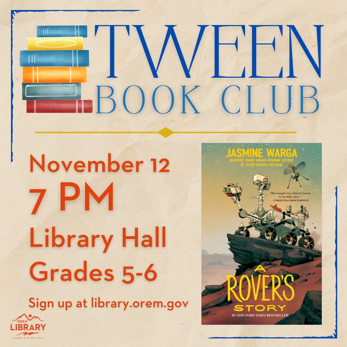 Tween Book Club November 12 at 7:00 p.m. in doTERRA South Lobby