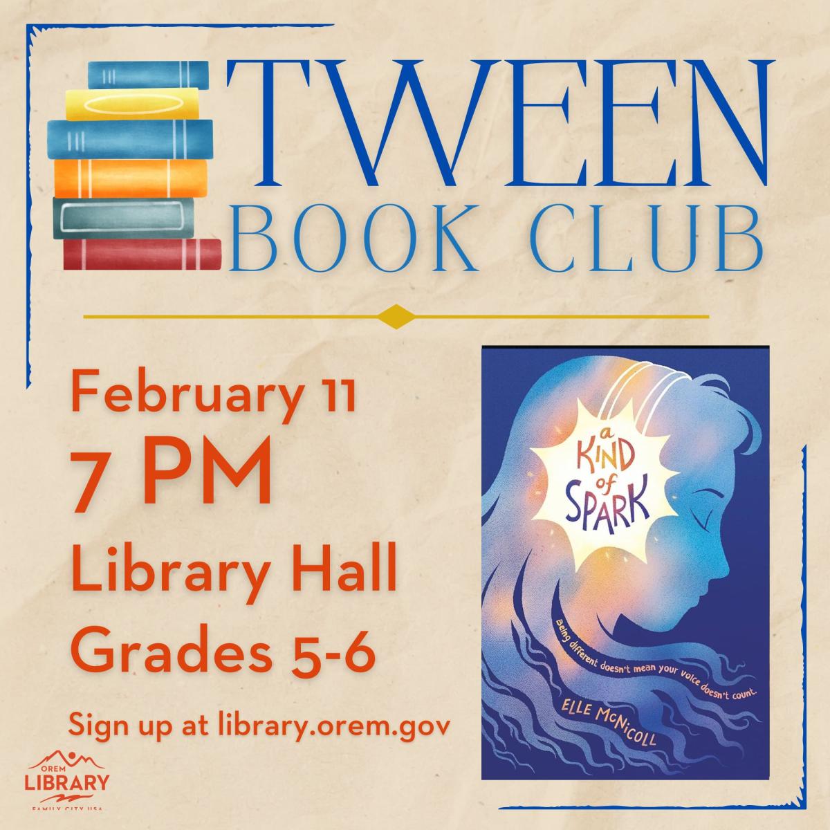 Tween Book Club February 11 at 7:00 p.m. in doTERRA South Lobby